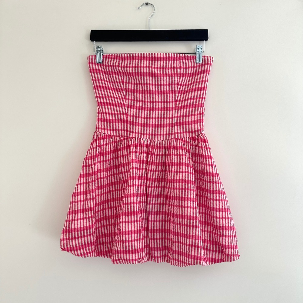 Ciao Lucia Marisol Mini Dress Size XS Pink Gingham Strapless Bubble Hem Smocked